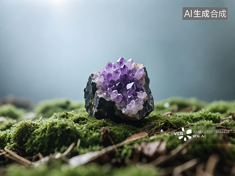 【AI数字艺术】苔藓上的紫水晶：自然的微观璀璨图片素材