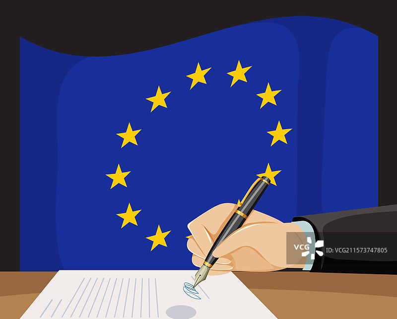 在欧盟国旗背景下签署文件图片素材