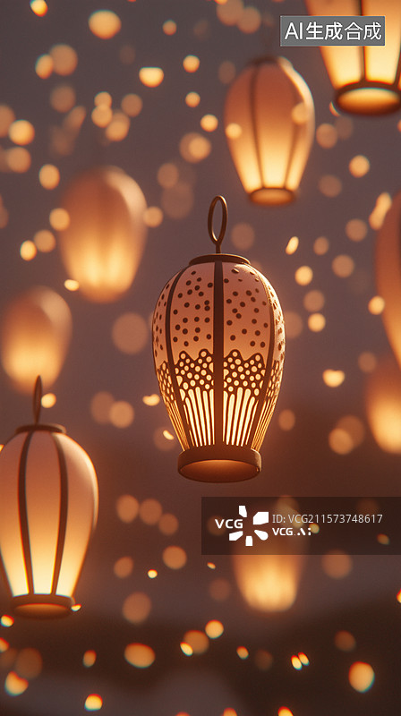 【AI数字艺术】悬挂的灯笼和温暖的光芒图片素材
