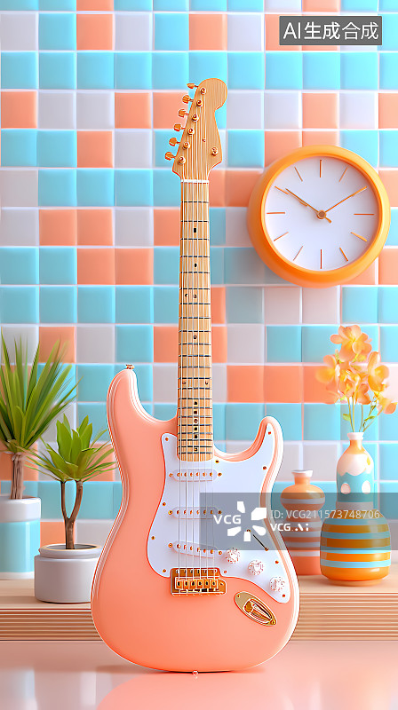 【AI数字艺术】粉色吉他与多彩背景图片素材