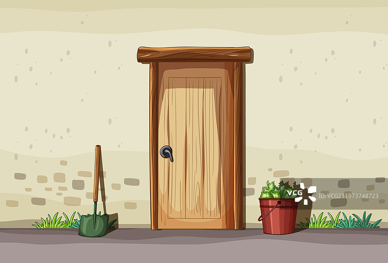 带铲子和盆栽植物的木门图片素材