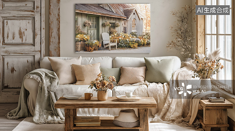 【AI数字艺术】秋日小屋与宁静客厅图片素材