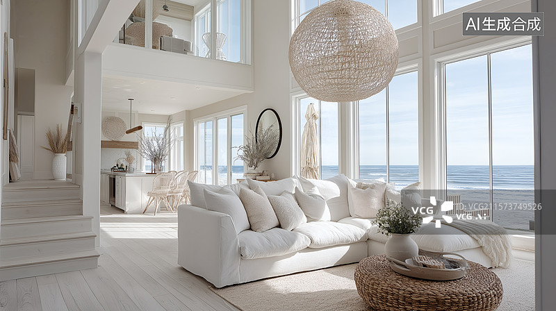【AI数字艺术】极简海景别墅客厅图片素材
