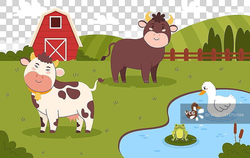 农场里池塘旁边有一头牛、一只公牛、一只鸭子和一只青蛙。图片素材