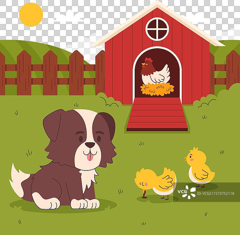 一只狗和几只鸡坐在红色的前面图片素材