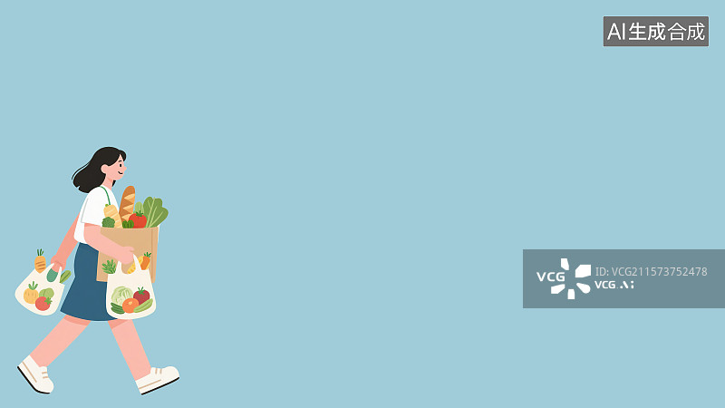 【AI数字艺术】2D卡通左下背景趣味扁平元素，购物节日促销活动年轻女生早市市场市集采购蔬菜水果面包满载而归快乐健康图片素材