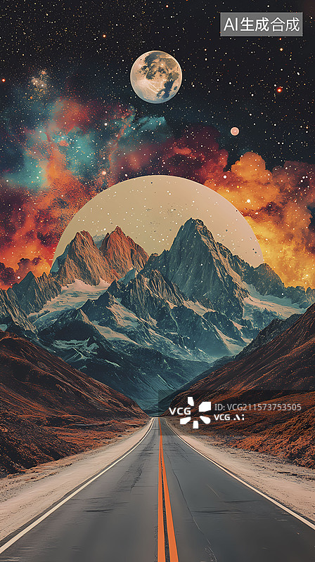 【AI数字艺术】复古群山公路月亮和星星风景插画海报背景图片素材