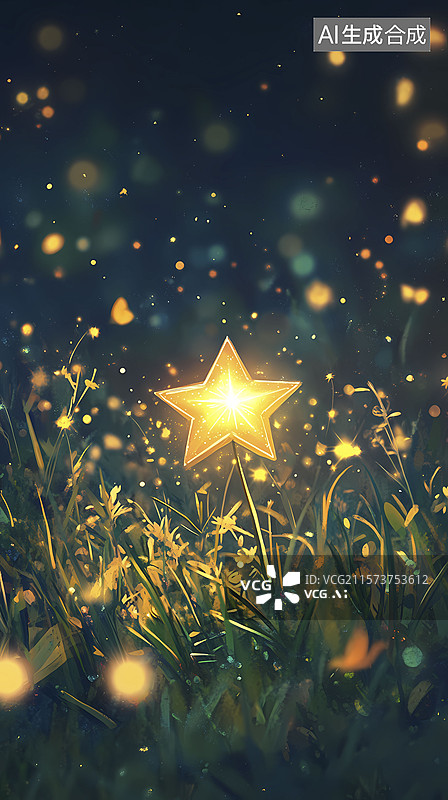 【AI数字艺术】草丛中的星星户外插画海报背景图片素材