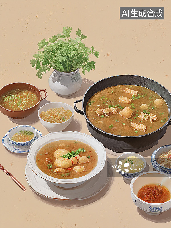 【AI数字艺术】清汤火锅，特色美食插画，中式大餐卡通素材图片，3D,C4D卡通三维火锅美食 竖版图片素材