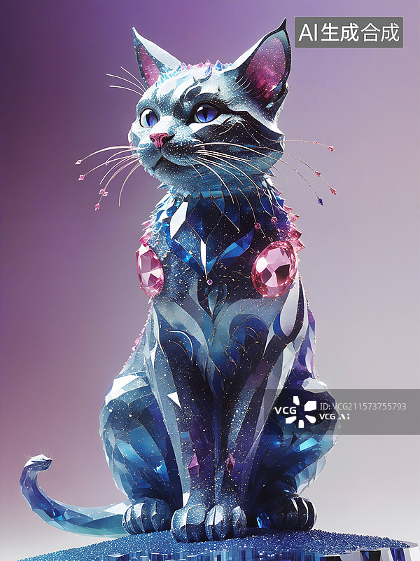 【AI数字艺术】色彩斑斓的玻璃猫，科技感人工智能宠物猫插画， 一只3D水晶小猫摆件 渐变色背景 竖版图片素材