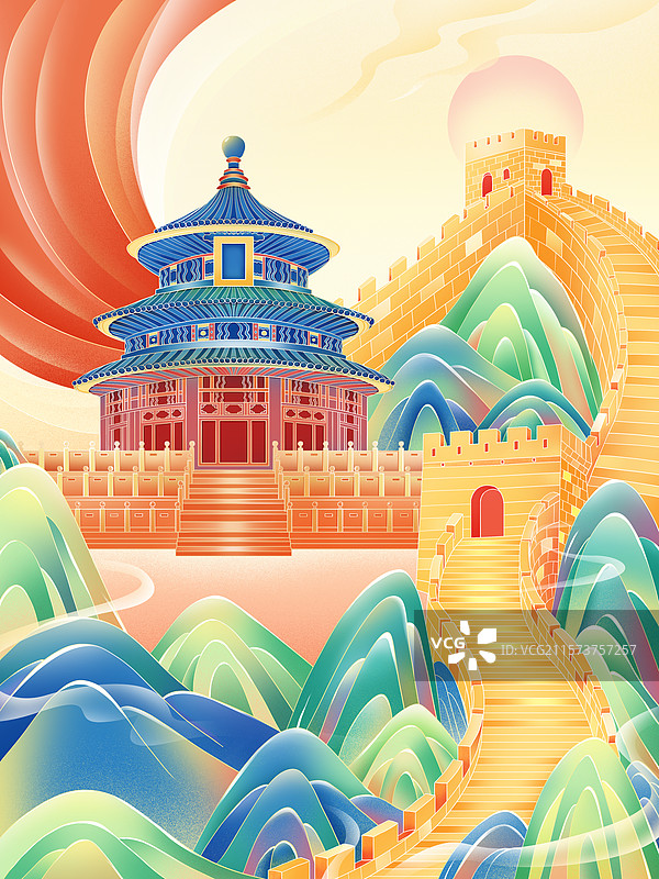 手绘北京城市地标天坛祈年殿长城国潮插画图片素材