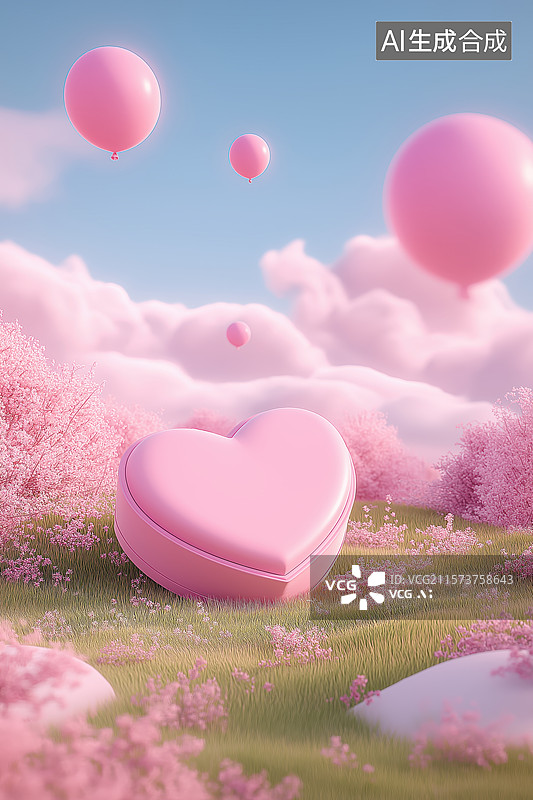 【AI数字艺术】粉色心形礼盒与气球的梦幻场景图片素材