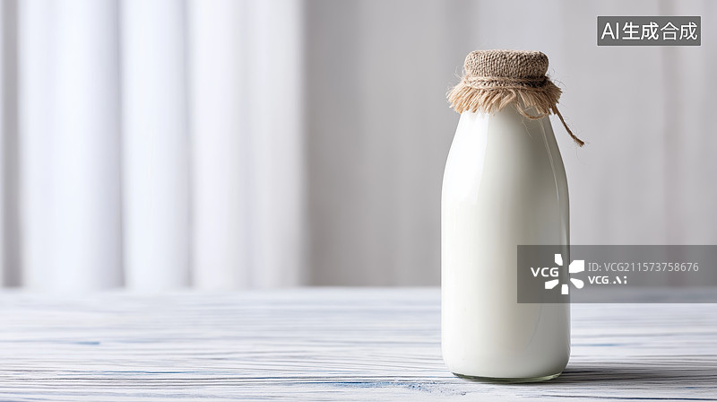 【AI数字艺术】玻璃瓶装牛奶置于木质桌面图片素材