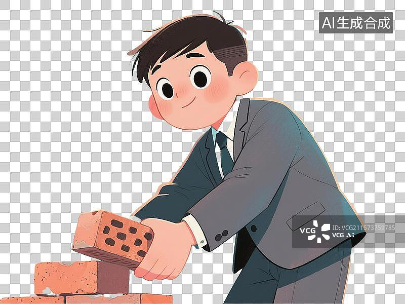 【AI数字艺术】教科书插画风格工地搬砖的西服年轻人图片素材