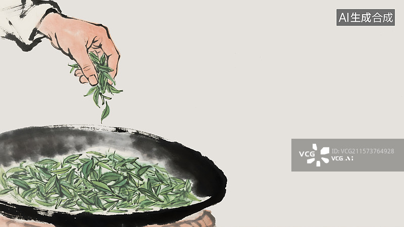 【AI数字艺术】炒茶水墨画背景居左图片素材