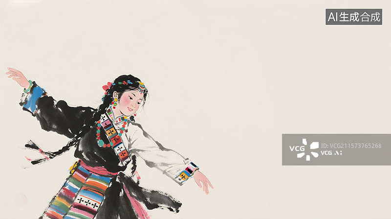 【AI数字艺术】跳舞的藏族女孩水墨画背景居左图片素材