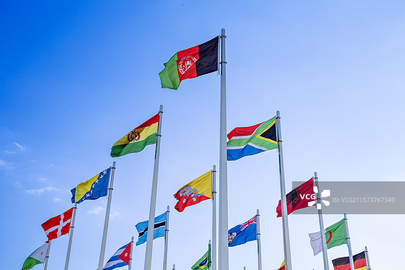 蓝天下迎风飘扬的万国旗旗阵（南京河西青奥村旗阵广场）图片素材