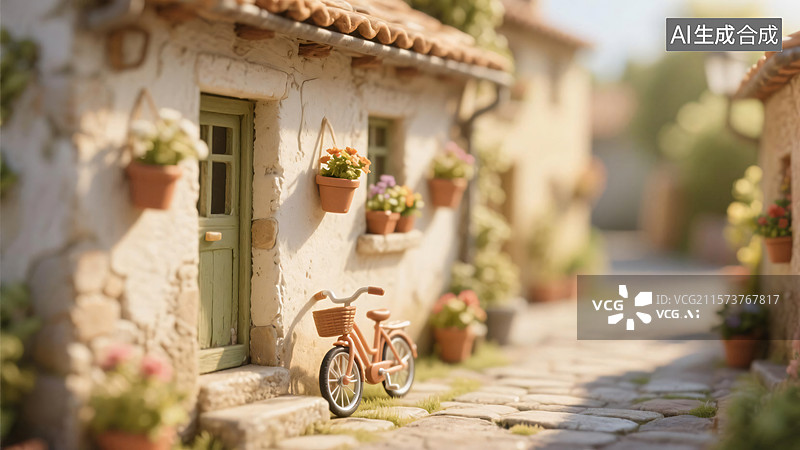 【AI数字艺术】乡村小巷房屋自行车微缩景观风格创意插画图片素材