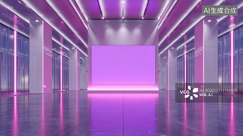 【AI数字艺术】现代展厅内紫色灯光下的空白屏幕图片素材