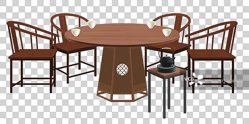 中国中式家具装修茶桌木桌子圆桌卡通插画图片素材