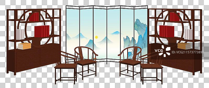 中国风新中式古风古典传统文化古装高雅国风家具屏风卡通素材太师椅子谈话会书柜木柜插画图片素材