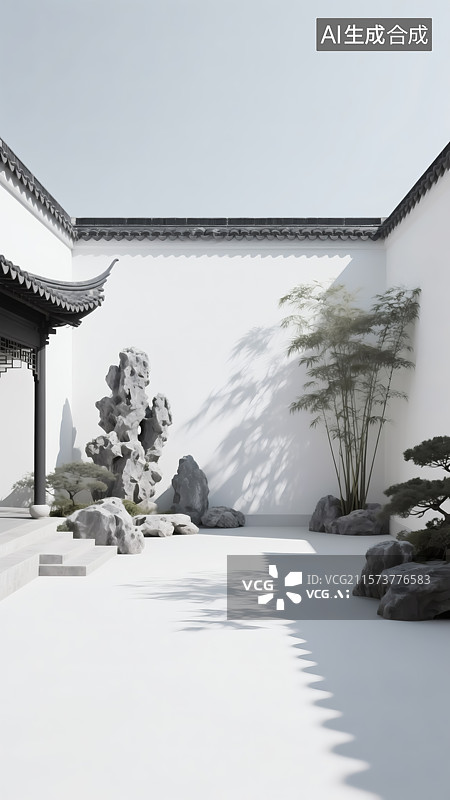 【AI数字艺术】中式庭院景观石竹松图片素材