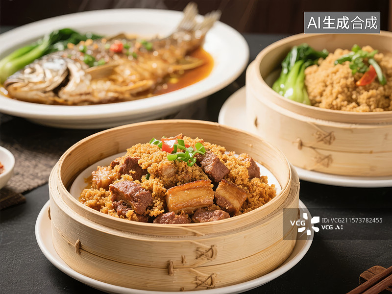 【AI数字艺术】中式蒸笼美食与清蒸鱼图片素材