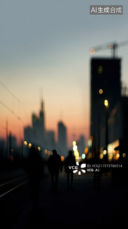【AI数字艺术】黄昏城市剪影，行人与高楼图片素材