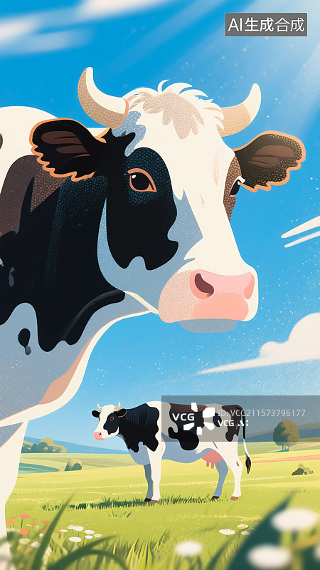 【AI数字艺术】草原上的奶牛插画图片素材