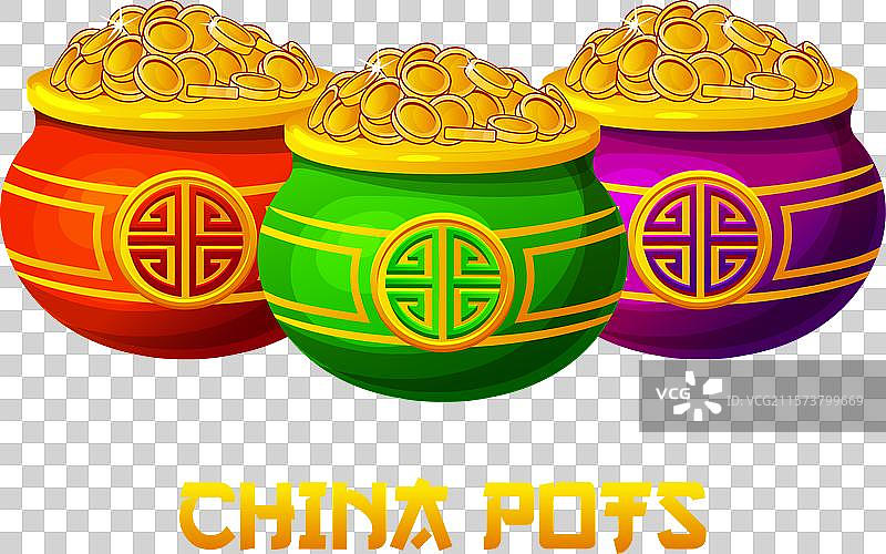 中国陶罐与硬币，象征幸福的物品图片素材