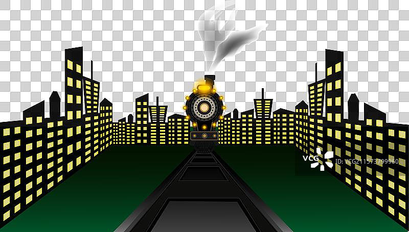 蒸汽火车驶离城市景观，朝观众驶来图片素材