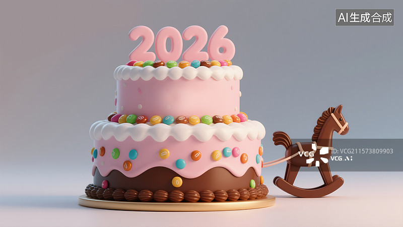 【AI数字艺术】2026年春节马年十二生肖创意动物丙午年火马年红马年新年传统文化巧克力小马推动创新双层蛋糕商业背景图片素材