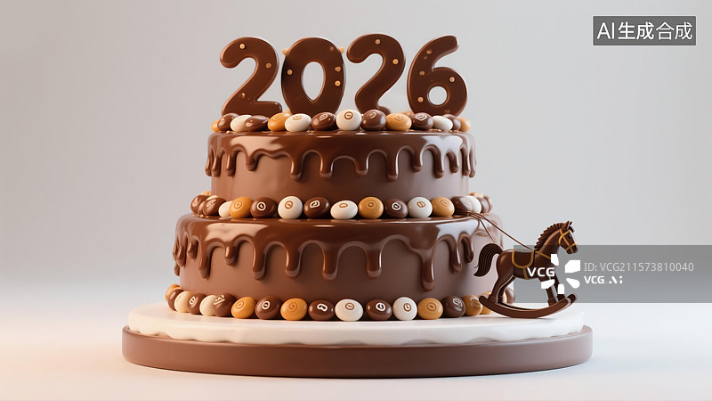 【AI数字艺术】2026年春节马年十二生肖创意动物丙午年火马年红马年新年传统文化巧克力小马推动创新双层蛋糕商业背景图片素材