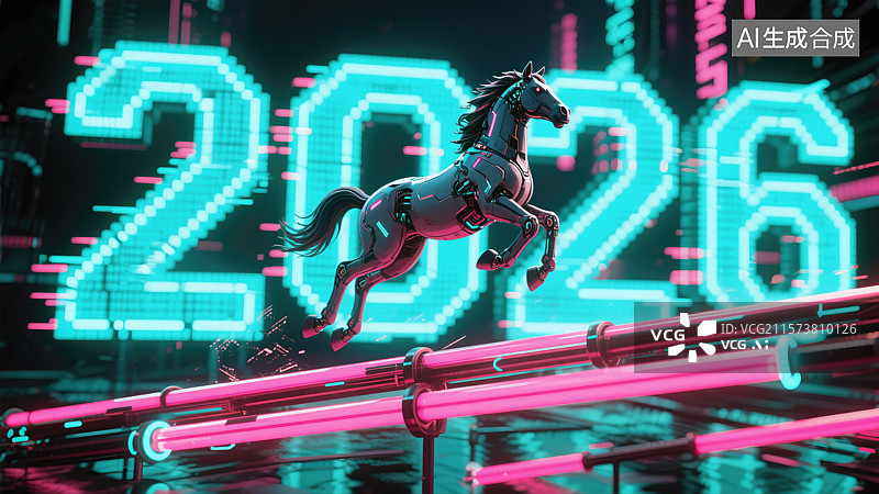 【AI数字艺术】2026年春节马年十二生肖创意动物丙午年火马年红马年新年传统文化故障赛博朋克马霓虹灯抽象商业背景图片素材