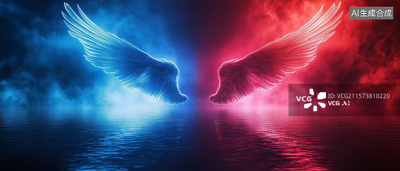 【AI数字艺术】蓝红双翼对峙，神秘烟雾环绕图片素材