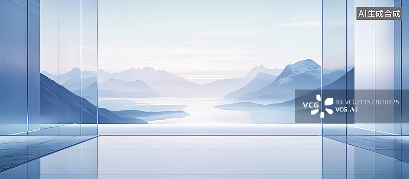 【AI数字艺术】现代玻璃建筑与远处山脉湖泊的景观图片素材