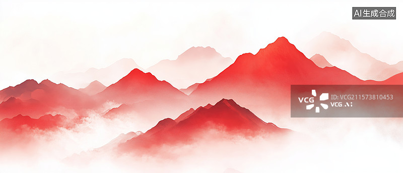 【AI数字艺术】红色山峦与云雾的水墨画图片素材