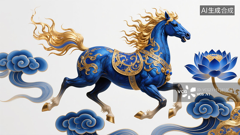 【AI数字艺术】2026年春节马年十二生肖创意动物丙午年火马年红马年新年传统文化天火威武骏马火焰鬃毛踏祥云奔腾白底蓝图片素材