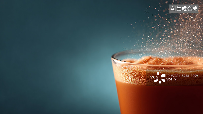 【AI数字艺术】色背景下玻璃杯中的饮料特写图片素材