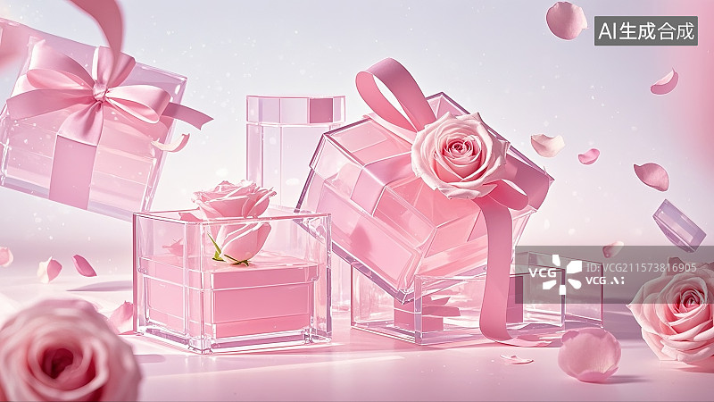 【AI数字艺术】情人节粉色透明礼盒玫瑰花彩带花瓣飘飞场景图片素材