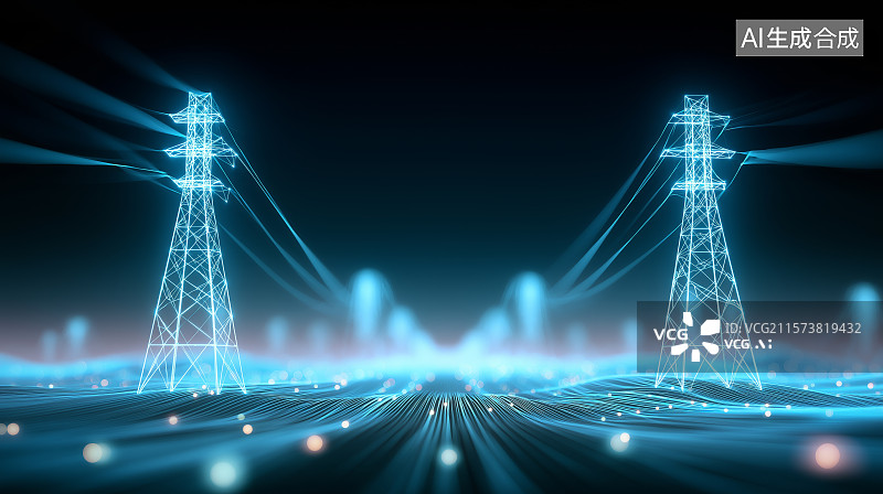 【AI数字艺术】能源科技背景——抽象发光蓝色高压电网的全息影像图片素材