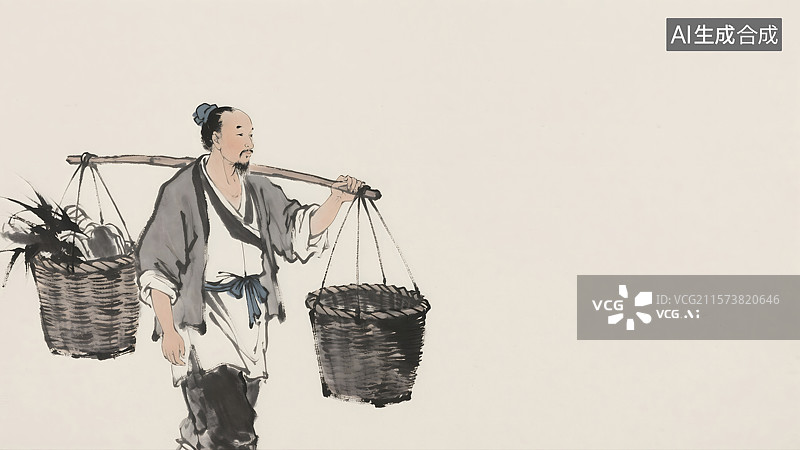 【AI数字艺术】古代挑担的人水墨画背景居左图片素材
