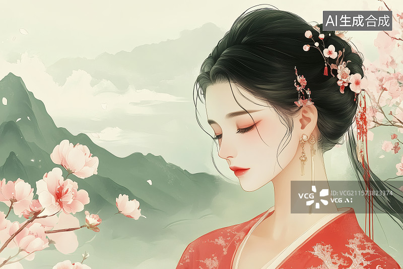 【AI数字艺术】穿着古装的美女，头戴配饰，双眼微闭，古典美女图片素材