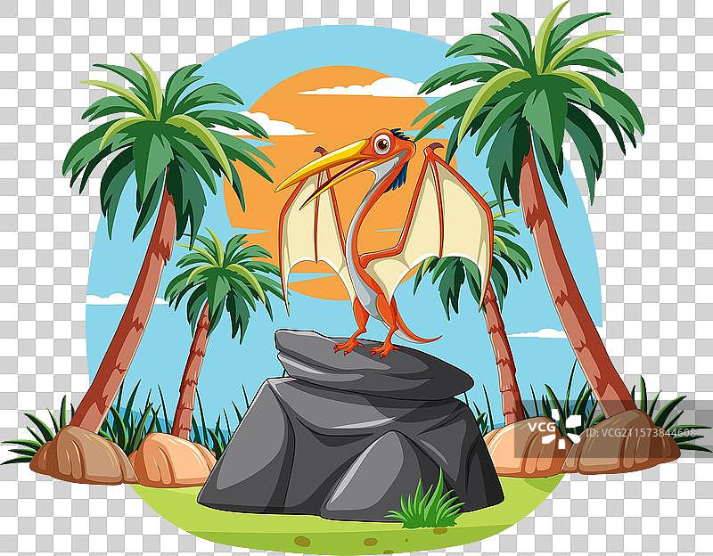 栖息在岩石上的翼龙与棕榈树图片素材