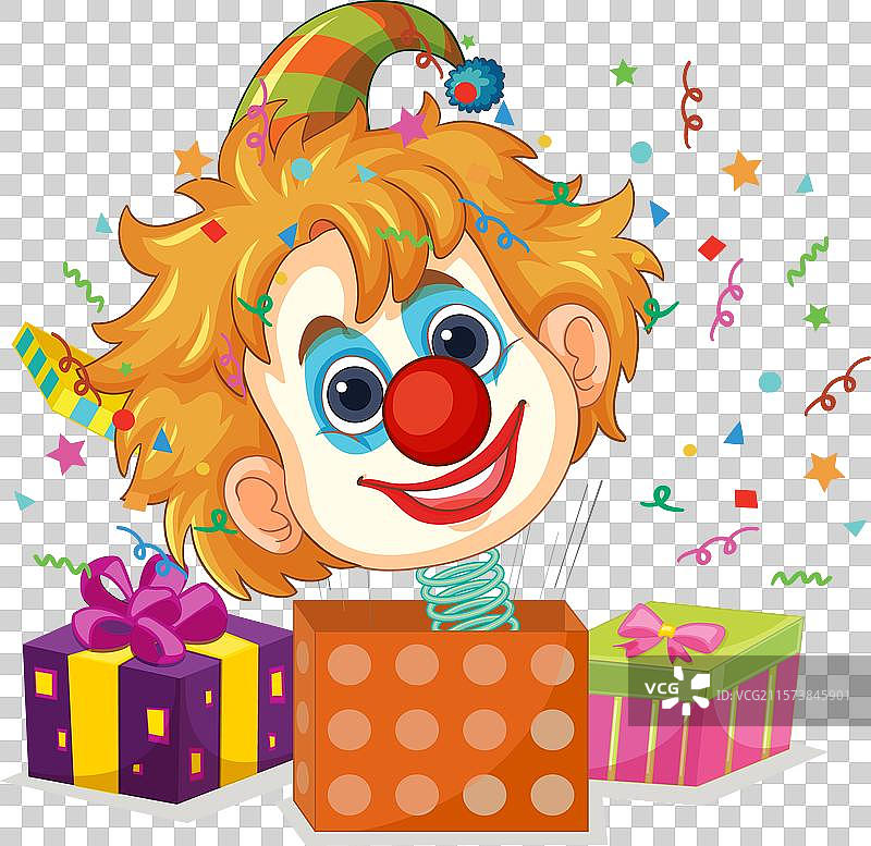 快乐的小丑从盒子里跳出来图片素材