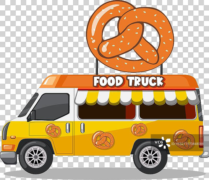 黄色食品车，装饰有椒盐卷饼图案图片素材