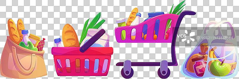 杂货店购物车、篮子和袋子套装图片素材