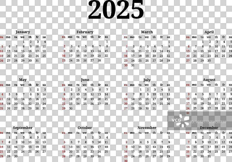 2025年日历，孤立在白色背景上图片素材
