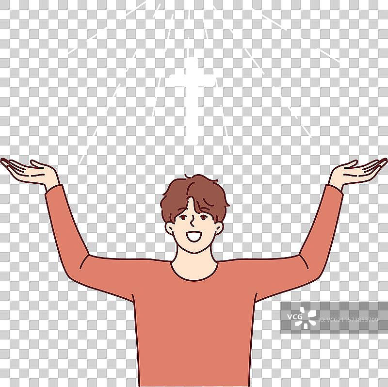 头顶上方有基督教十字架的男子欢欣鼓舞图片素材