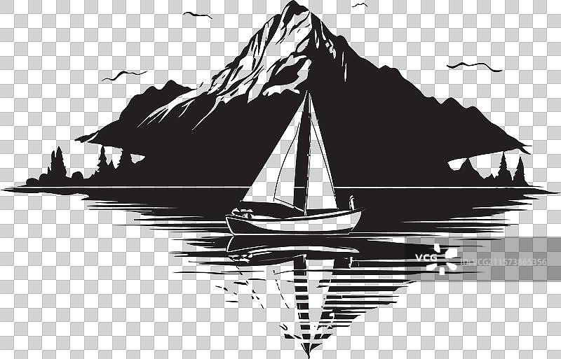 宁静的宝藏小屋、湖泊、宝石和船只图片素材